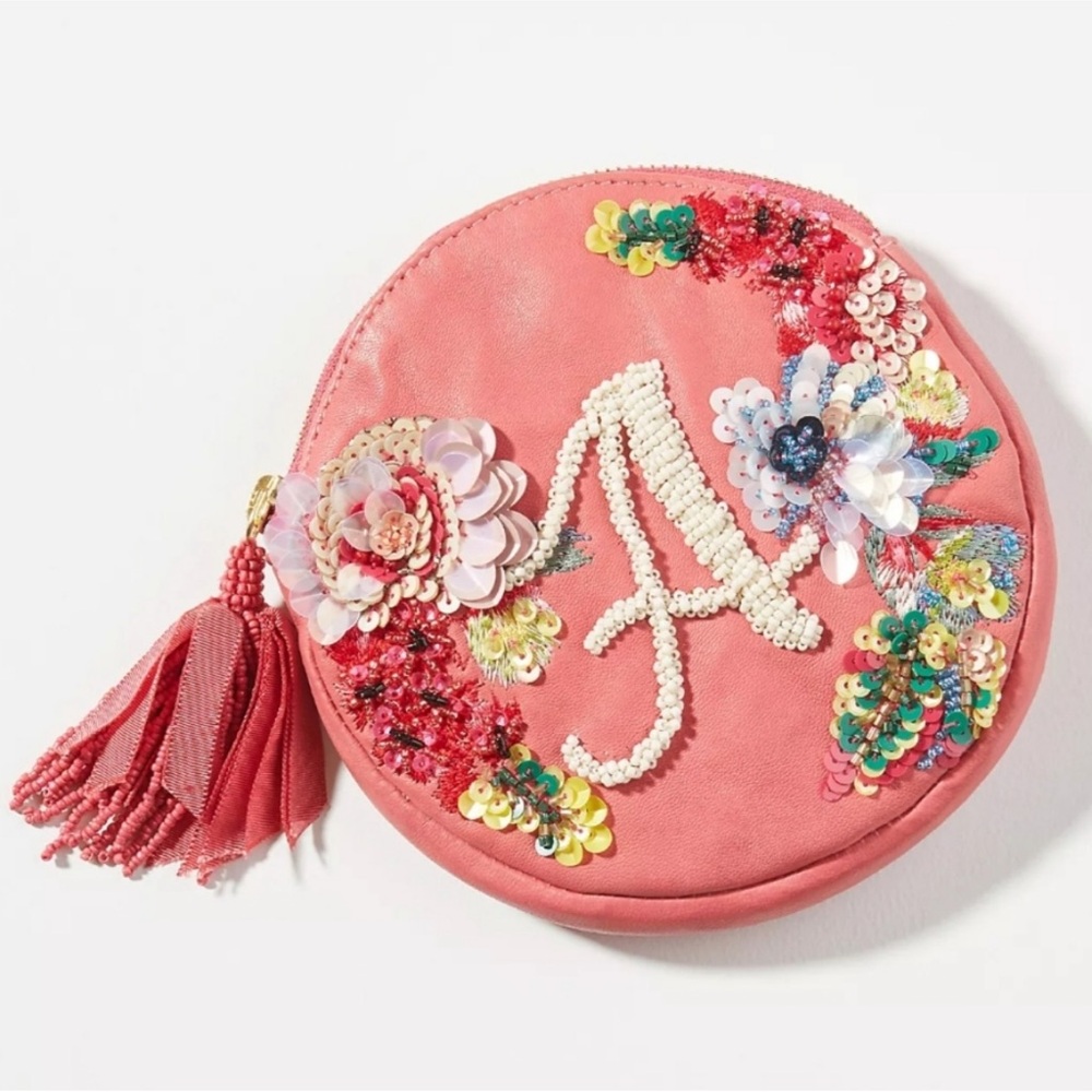 Anna Harlow Russo x Anthropologie Embellished Leather Monogram (A) Pouch NWOT